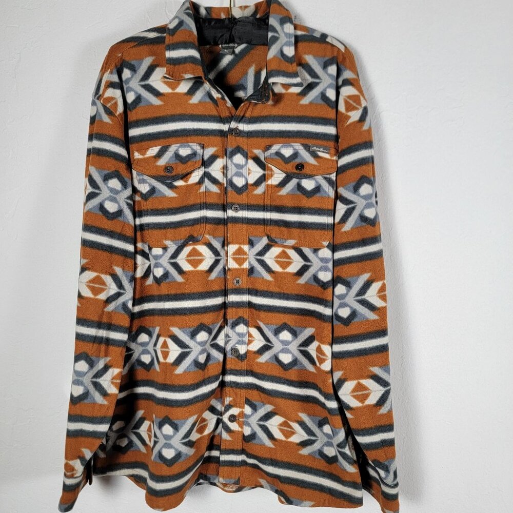 Eddie Bauer Mens XL Aztec Pattern Button-Up Long Sleeve Fleece Shirt Pockets